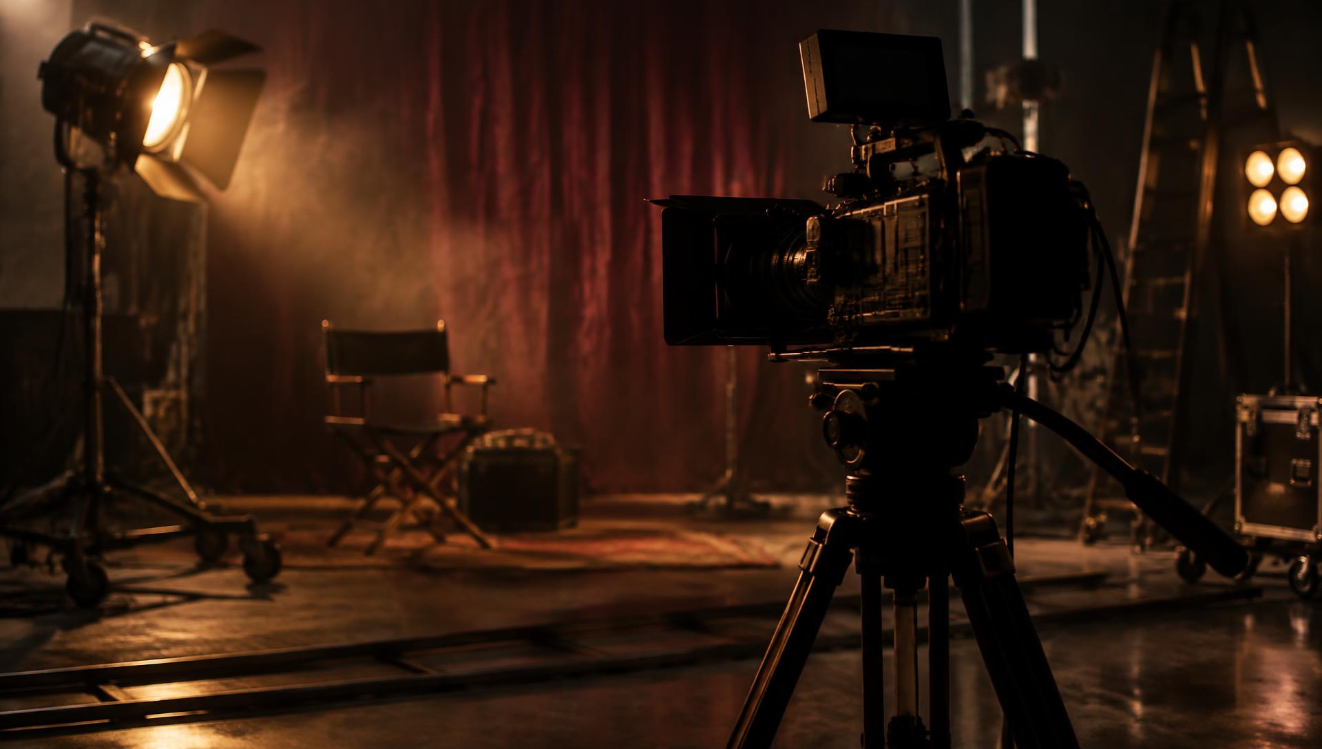 Dimly lit film studio with a cinema camera and warm stage lights